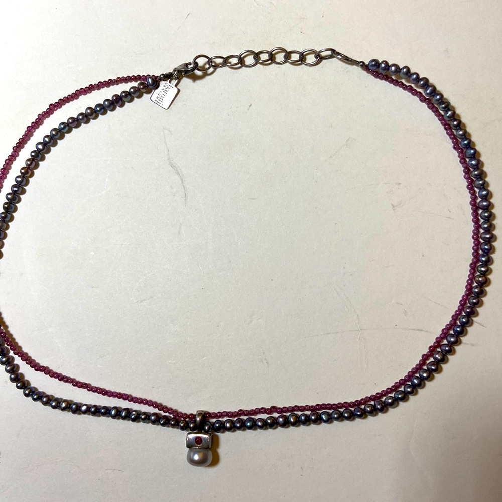 Baroni Design 925 Pendant Pearl 2 Strand Choker Necklace Amethyst Seed Beads